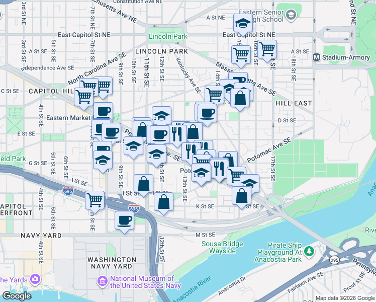 map of restaurants, bars, coffee shops, grocery stores, and more near 101 Independence Avenue Southeast in Washington