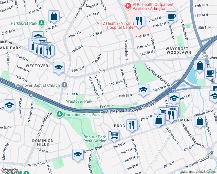 map of restaurants, bars, coffee shops, grocery stores, and more near 5536 11th Road North in Arlington