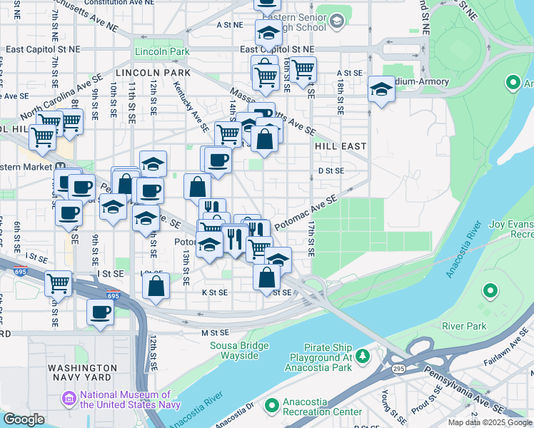 map of restaurants, bars, coffee shops, grocery stores, and more near 101 Independence Avenue Southeast in Washington