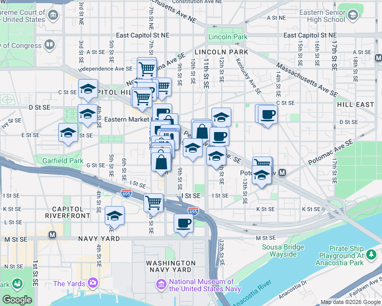 map of restaurants, bars, coffee shops, grocery stores, and more near 101 Independence Avenue Southeast in Washington