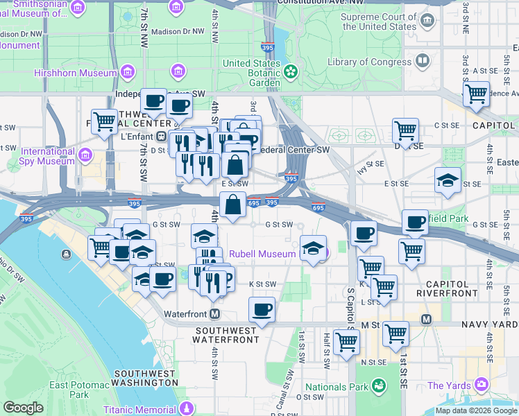 map of restaurants, bars, coffee shops, grocery stores, and more near 3rd Street Southwest in Washington