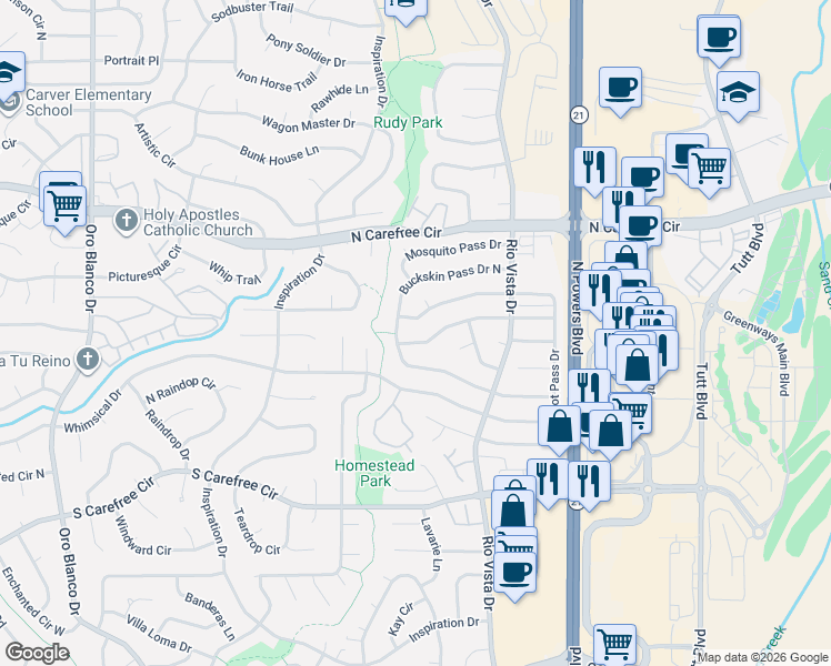 map of restaurants, bars, coffee shops, grocery stores, and more near 5485 Trout Creek Pass Drive in Colorado Springs