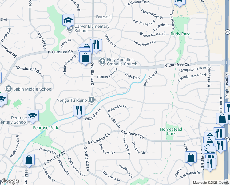 map of restaurants, bars, coffee shops, grocery stores, and more near 4960 Whimsical Drive in Colorado Springs