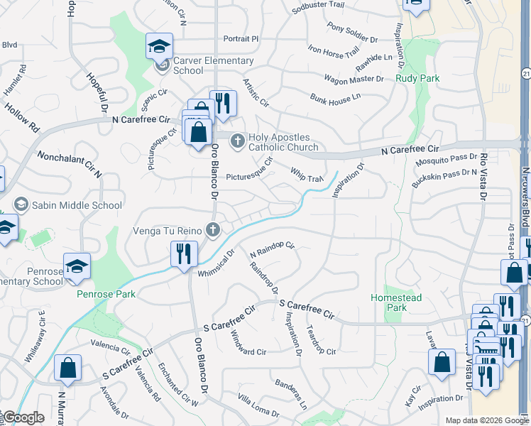 map of restaurants, bars, coffee shops, grocery stores, and more near 4960 Whimsical Drive in Colorado Springs