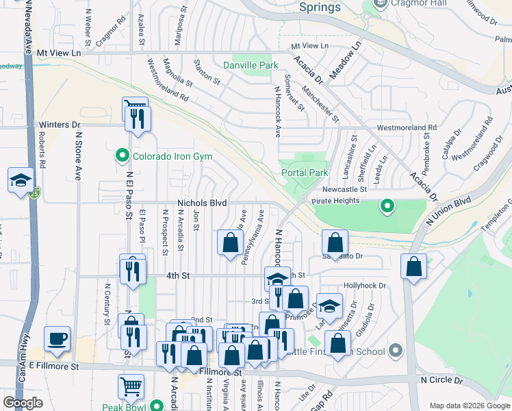 map of restaurants, bars, coffee shops, grocery stores, and more near 3314 Pennsylvania Avenue in Colorado Springs
