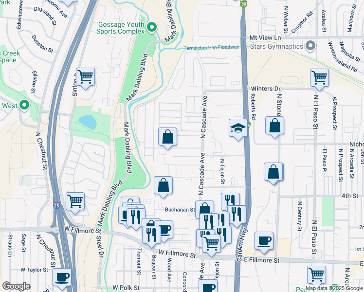 map of restaurants, bars, coffee shops, grocery stores, and more near 35 Sunflower Road in Colorado Springs