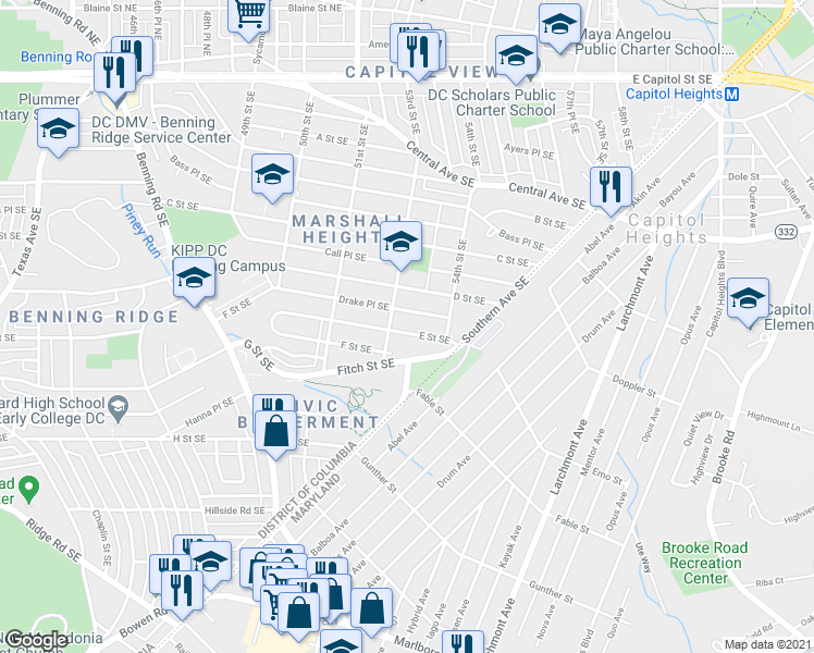 map of restaurants, bars, coffee shops, grocery stores, and more near 5312 E Street Southeast in Washington