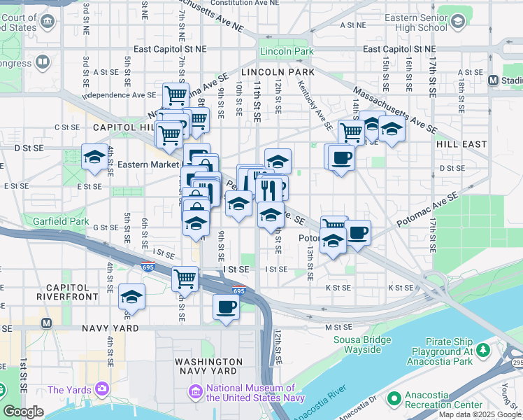 map of restaurants, bars, coffee shops, grocery stores, and more near 101 Independence Avenue Southeast in Washington