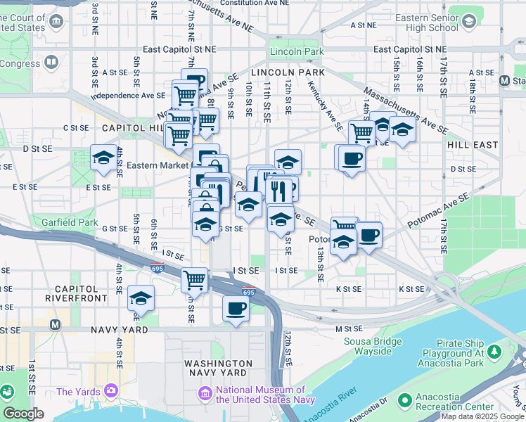 map of restaurants, bars, coffee shops, grocery stores, and more near 101 Independence Avenue Southeast in Washington