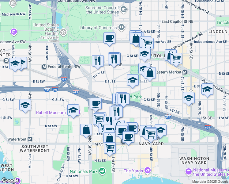 map of restaurants, bars, coffee shops, grocery stores, and more near 103 F Street Southeast in Washington, D.C.