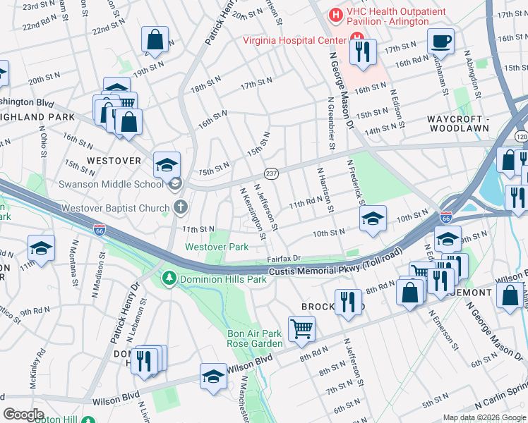 map of restaurants, bars, coffee shops, grocery stores, and more near 1101 North Kensington Street in Arlington