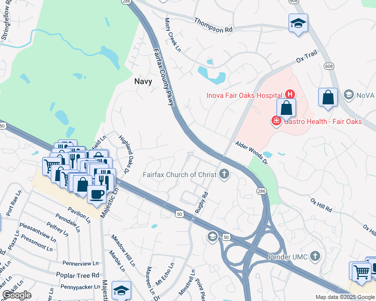 map of restaurants, bars, coffee shops, grocery stores, and more near 3858 Billberry Drive in Fairfax