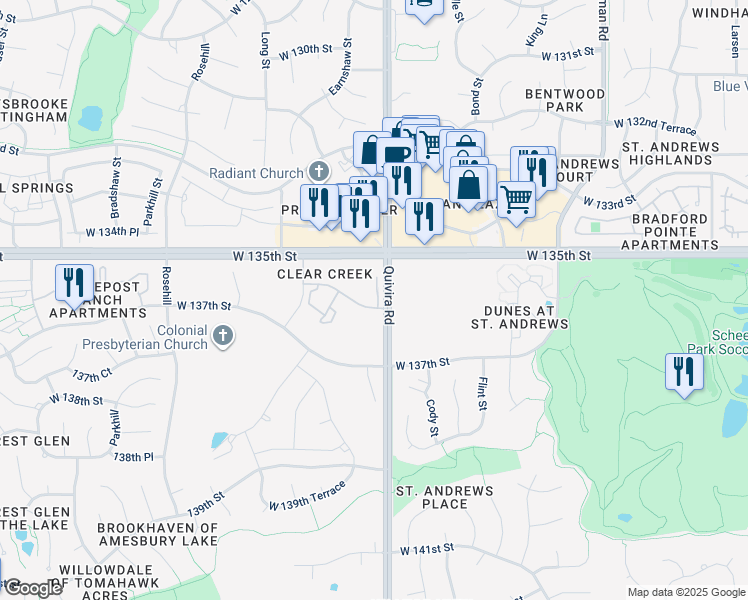map of restaurants, bars, coffee shops, grocery stores, and more near 12121 West 136th Street in Overland Park