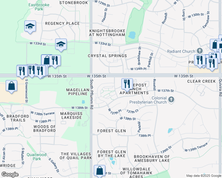 map of restaurants, bars, coffee shops, grocery stores, and more near 13621 Hauser Street in Overland Park
