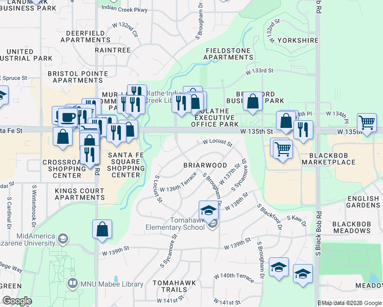 map of restaurants, bars, coffee shops, grocery stores, and more near 15848 West 136th Street in Olathe
