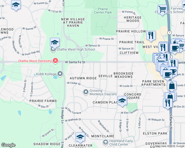 map of restaurants, bars, coffee shops, grocery stores, and more near 103 South Janell Drive in Olathe