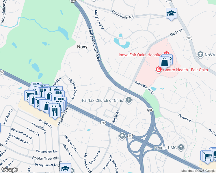map of restaurants, bars, coffee shops, grocery stores, and more near 3858 Billberry Drive in Fairfax