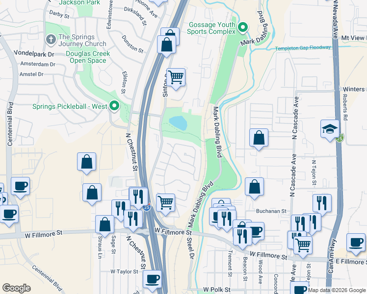 map of restaurants, bars, coffee shops, grocery stores, and more near 196 N Street in Colorado Springs