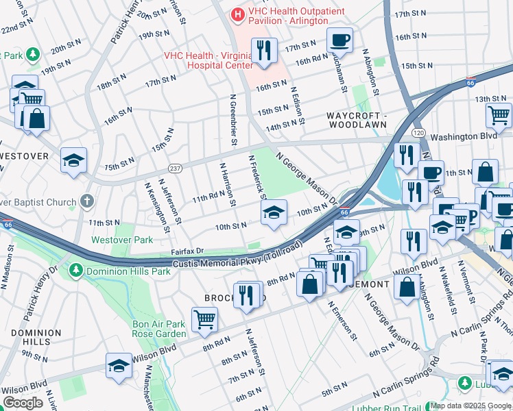 map of restaurants, bars, coffee shops, grocery stores, and more near 5214 11th Street North in Arlington