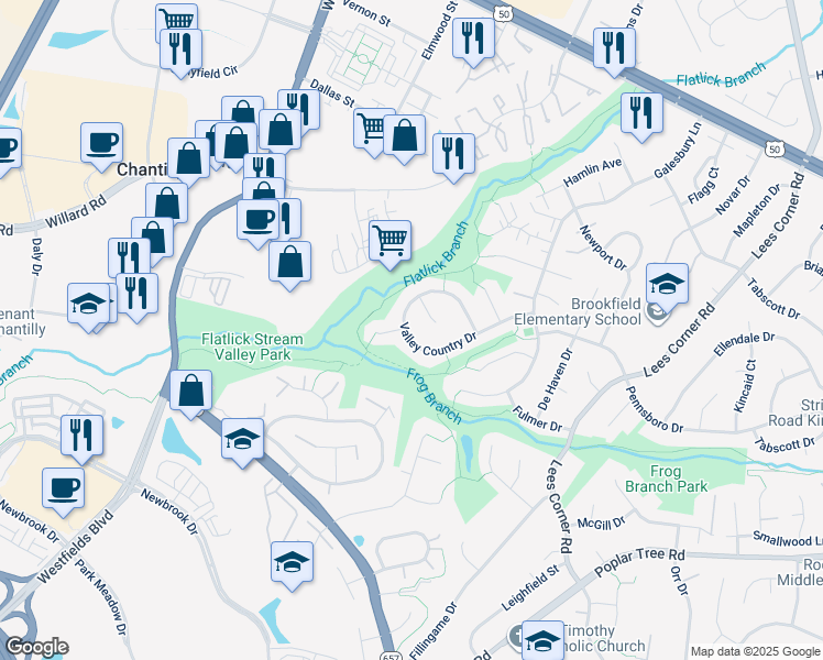 map of restaurants, bars, coffee shops, grocery stores, and more near 13924 Valley Country Drive in Chantilly
