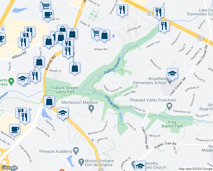map of restaurants, bars, coffee shops, grocery stores, and more near 13924 Valley Country Drive in Chantilly