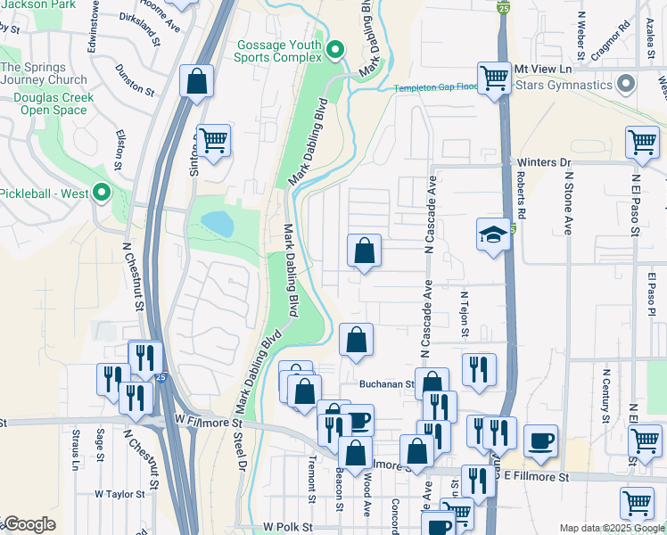 map of restaurants, bars, coffee shops, grocery stores, and more near 85 Sunflower Road in Colorado Springs