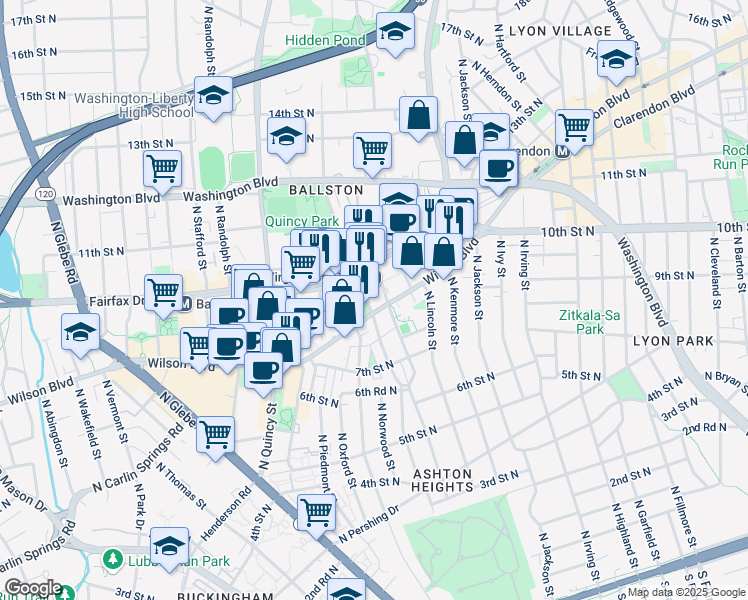 map of restaurants, bars, coffee shops, grocery stores, and more near 3601 Wilson Boulevard in Arlington