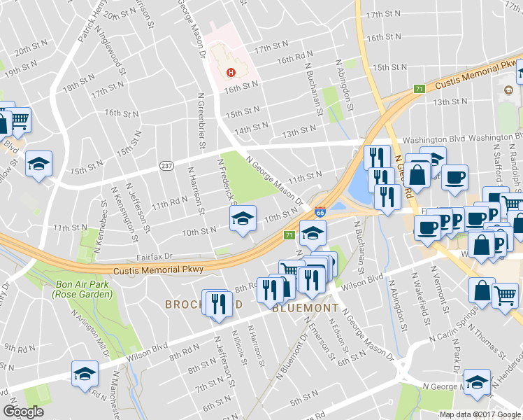 map of restaurants, bars, coffee shops, grocery stores, and more near 5128 10th Road North in Arlington