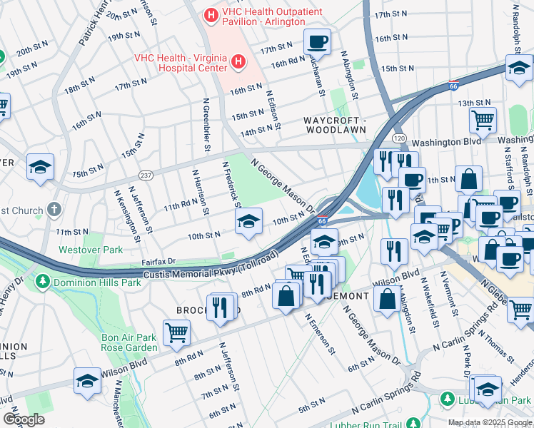 map of restaurants, bars, coffee shops, grocery stores, and more near 5128 10th Road North in Arlington