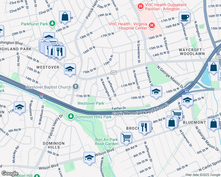 map of restaurants, bars, coffee shops, grocery stores, and more near 1130 North Jefferson Street in Arlington