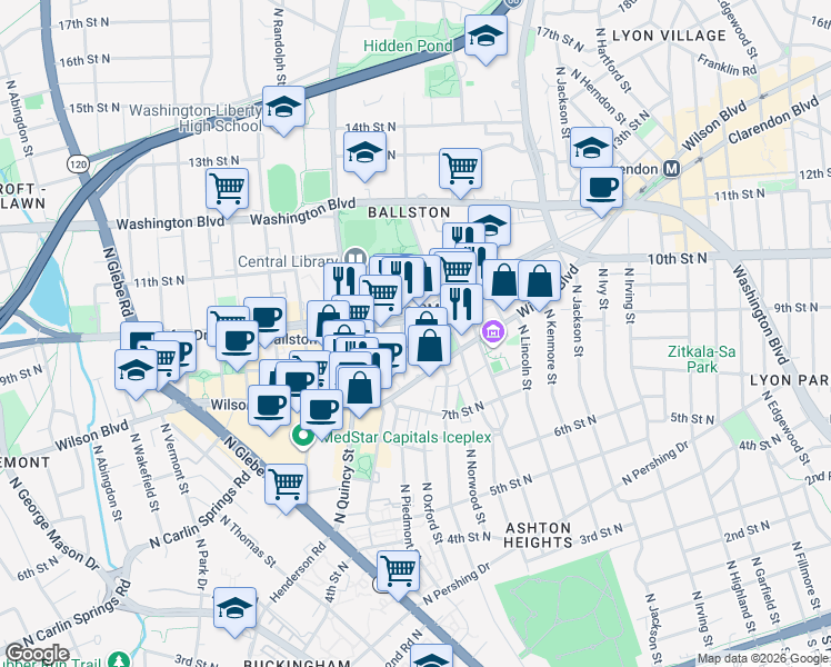 map of restaurants, bars, coffee shops, grocery stores, and more near 3800 Fairfax Drive in Arlington