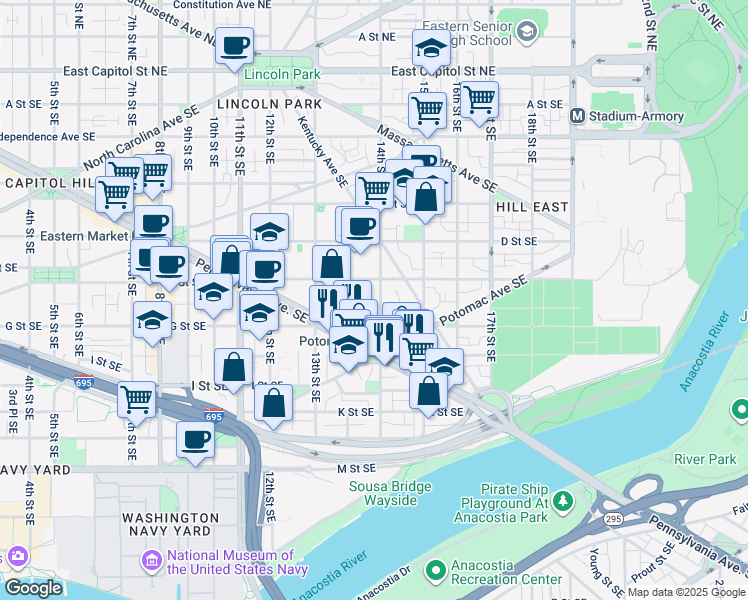 map of restaurants, bars, coffee shops, grocery stores, and more near 525 14th Street Southeast in Washington