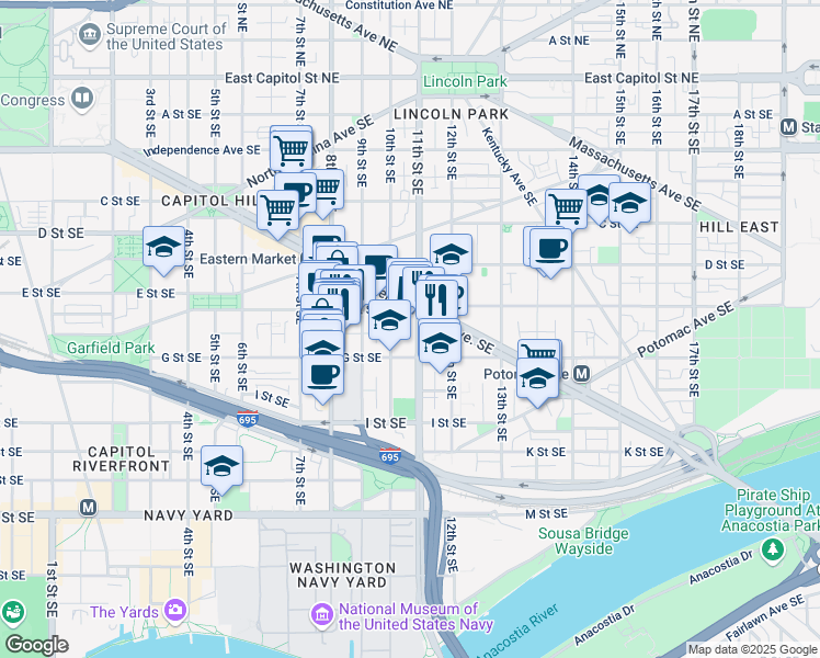 map of restaurants, bars, coffee shops, grocery stores, and more near 101 Independence Avenue Southeast in Washington