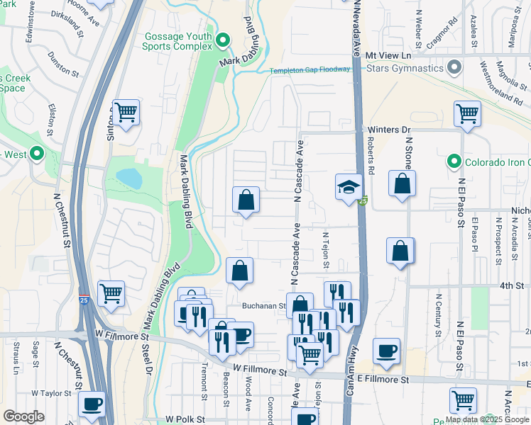 map of restaurants, bars, coffee shops, grocery stores, and more near 35 Sunflower Road in Colorado Springs