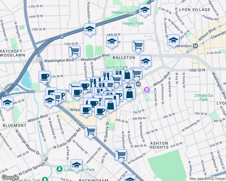 map of restaurants, bars, coffee shops, grocery stores, and more near 3900 Fairfax Drive in Arlington