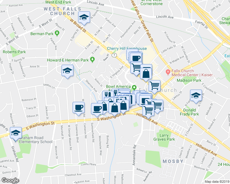 map of restaurants, bars, coffee shops, grocery stores, and more near 323 Gundry Drive in Falls Church