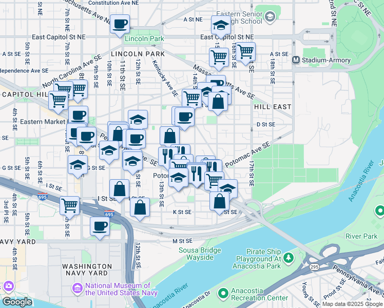 map of restaurants, bars, coffee shops, grocery stores, and more near 525 14th Street Southeast in Washington