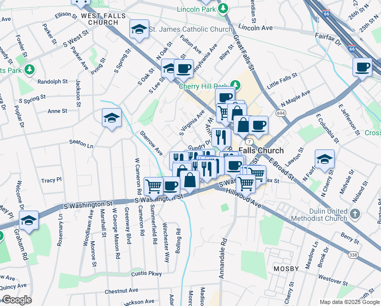 map of restaurants, bars, coffee shops, grocery stores, and more near 323 Gundry Drive in Falls Church
