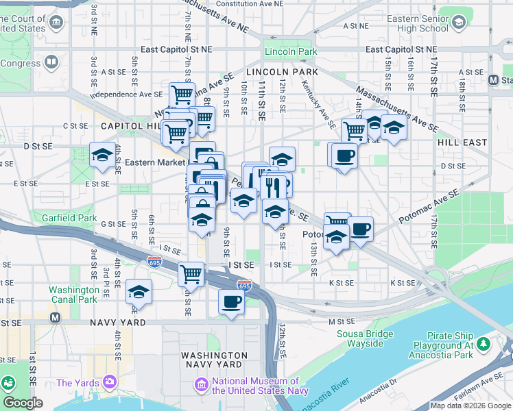 map of restaurants, bars, coffee shops, grocery stores, and more near 101 Independence Avenue Southeast in Washington