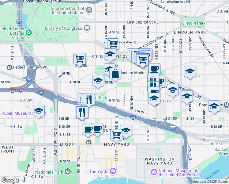 map of restaurants, bars, coffee shops, grocery stores, and more near 101 Independence Avenue Southeast in Washington