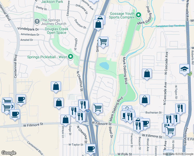 map of restaurants, bars, coffee shops, grocery stores, and more near 3436 Sinton Road in Colorado Springs