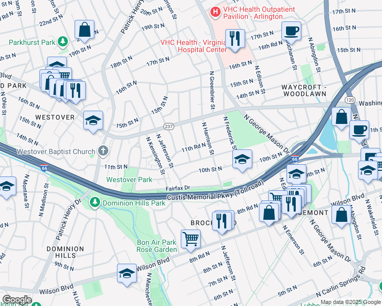 map of restaurants, bars, coffee shops, grocery stores, and more near 1115 North Inglewood Street in Arlington