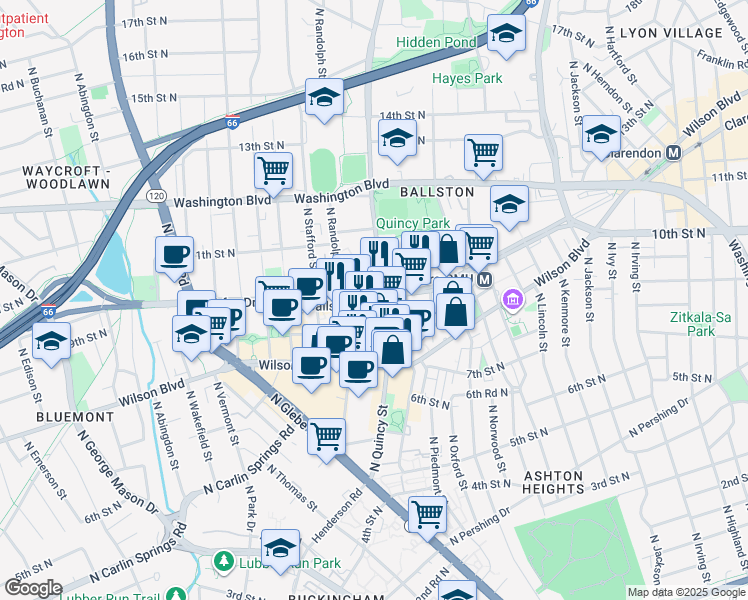 map of restaurants, bars, coffee shops, grocery stores, and more near 4000 Fairfax Drive in Arlington