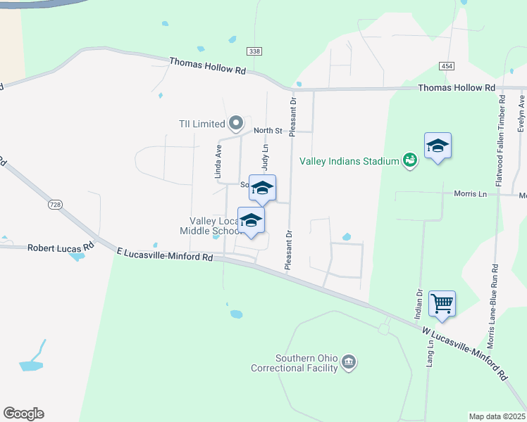 map of restaurants, bars, coffee shops, grocery stores, and more near 393 Indian Drive in Lucasville