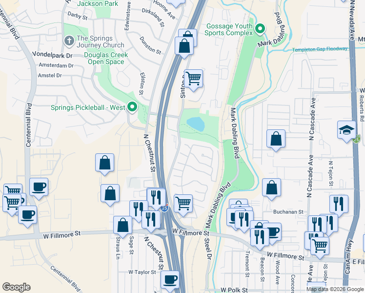 map of restaurants, bars, coffee shops, grocery stores, and more near 3436 Sinton Road in Colorado Springs