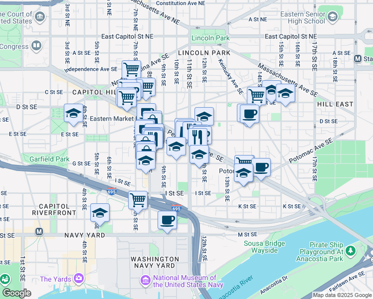 map of restaurants, bars, coffee shops, grocery stores, and more near 101 Independence Avenue Southeast in Washington