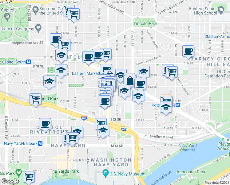 map of restaurants, bars, coffee shops, grocery stores, and more near 101 Independence Avenue Southeast in Washington
