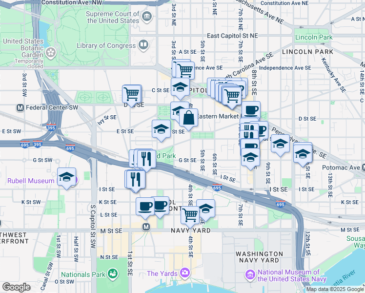 map of restaurants, bars, coffee shops, grocery stores, and more near 101 Independence Avenue Southeast in Washington