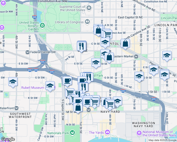 map of restaurants, bars, coffee shops, grocery stores, and more near 101 Independence Avenue Southeast in Washington