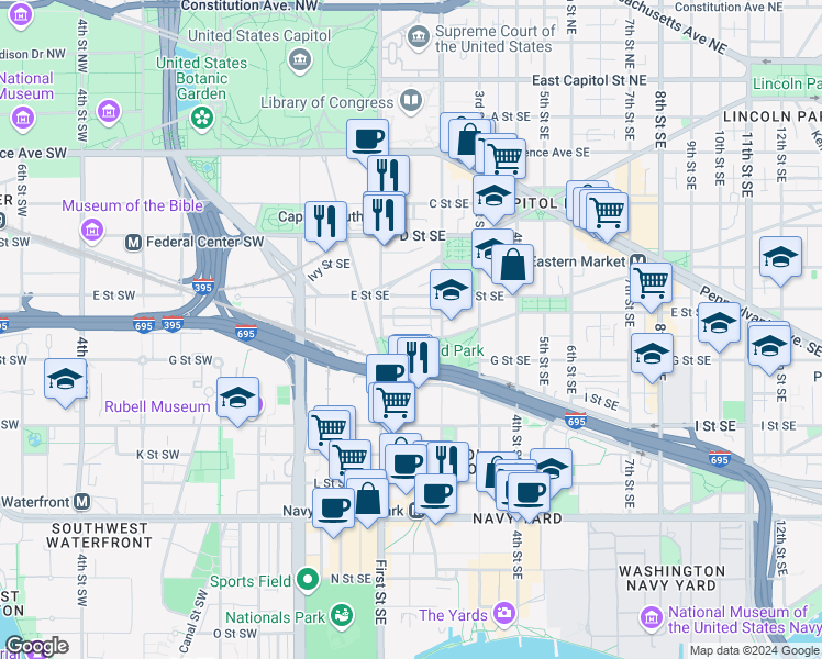 map of restaurants, bars, coffee shops, grocery stores, and more near 101 Independence Avenue Southeast in Washington